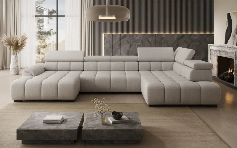 Ecksofa ALVIN XL mit elektrischer Sitztiefenverstellung und Relax-Kopfstützen - Cremona 04, Hellgrau