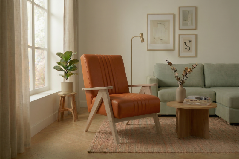 Enzo Sessel Echtleder – Vintage Sessel mit Holzgestell & hohem Komfort - Orange, Ziegel