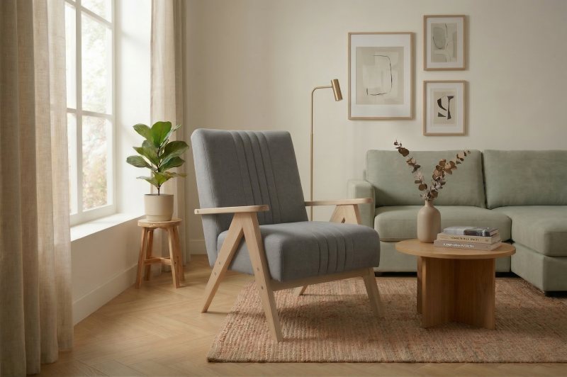 Enzo Sessel – Vintage Sessel mit Holzgestell & hohem Komfort - Grau