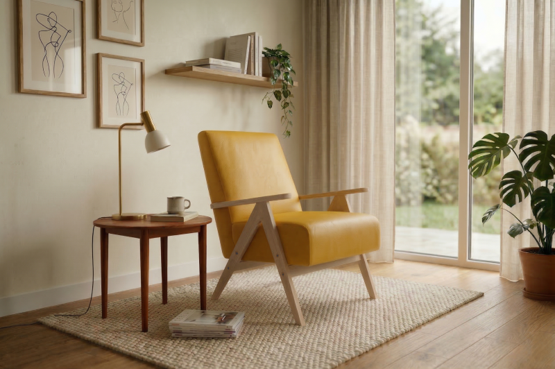 Leo Ledersessel – Designer Sessel aus Holz im Mid-Century Stil, Gelb