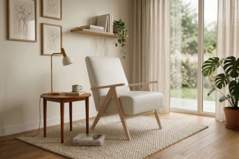 Leo Ledersessel – Designer Sessel aus Holz im Mid-Century Stil, Creme
