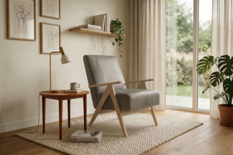 Leo Ledersessel – Designer Sessel aus Holz im Mid-Century Stil, Grau