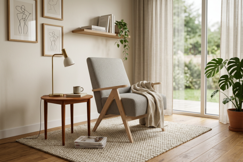 Leo Sessel – Designer Sessel aus Holz im Mid-Century Stil, Grau