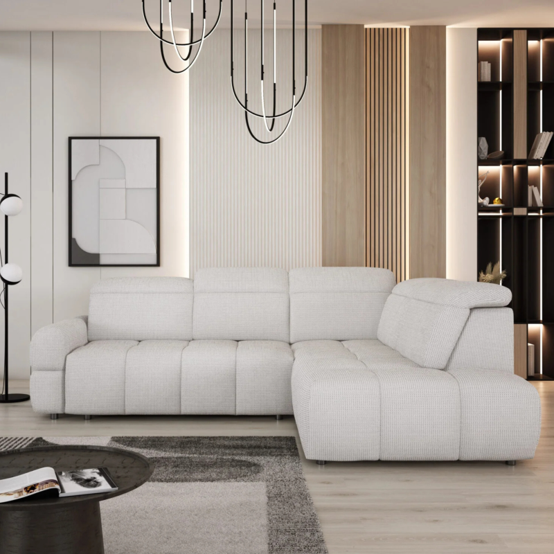 MATEO L – Ecksofa mit Schlaffunktion und Relax, Aufbewahrungsbox, verstellbare Kopfstützen, Stoff Artico - Nata, Creme
