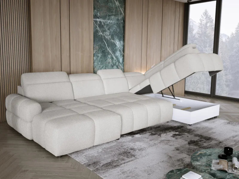 MATEO XL – Ecksofa mit Schlaffunktion und Relax, Aufbewahrungsbox, verstellbare Kopfstützen, Stoff Artico - Nata, Creme