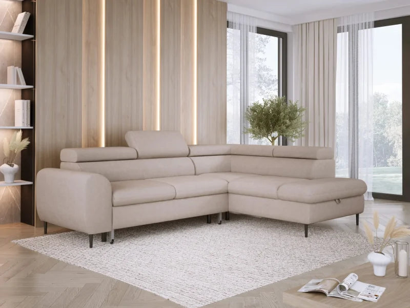RAYO L – funktionales Ecksofa mit Delfin-Schlaffunktion, geräumigem Bettkasten und verstellbaren Kopfstützen - Beige