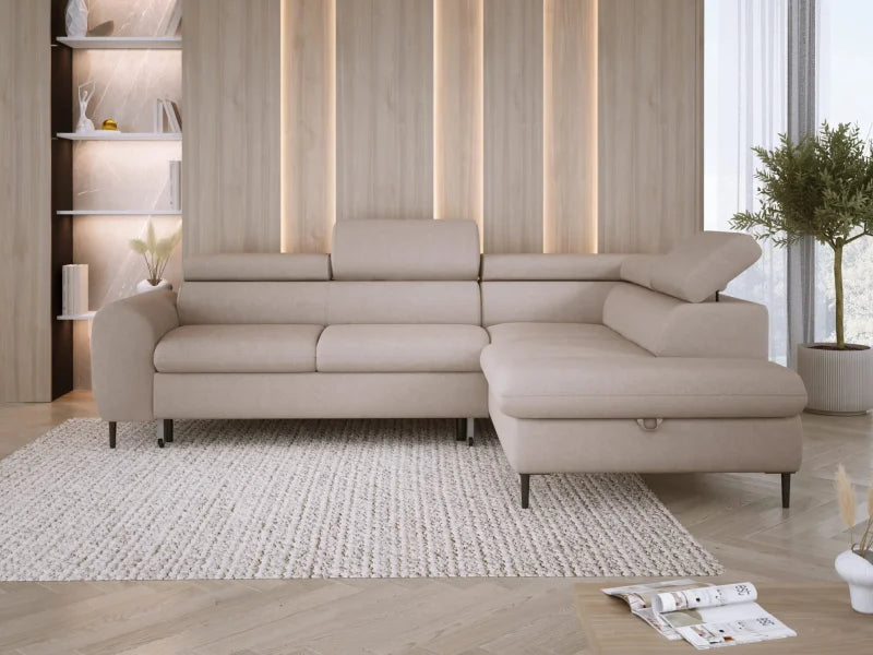 RAYO L – funktionales Ecksofa mit Delfin-Schlaffunktion, geräumigem Bettkasten und verstellbaren Kopfstützen - Beige