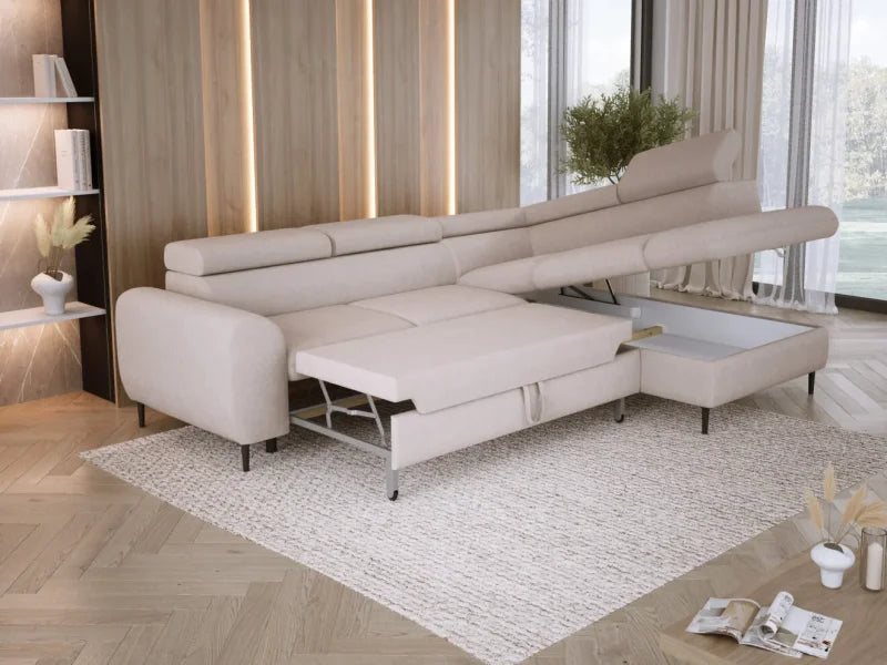 RAYO L – funktionales Ecksofa mit Delfin-Schlaffunktion, geräumigem Bettkasten und verstellbaren Kopfstützen - Beige