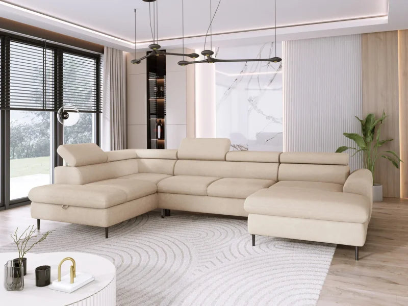 RAYO XL – funktionales Ecksofa mit Delfin-Schlaffunktion, geräumigem Bettkasten und verstellbaren Kopfstützen