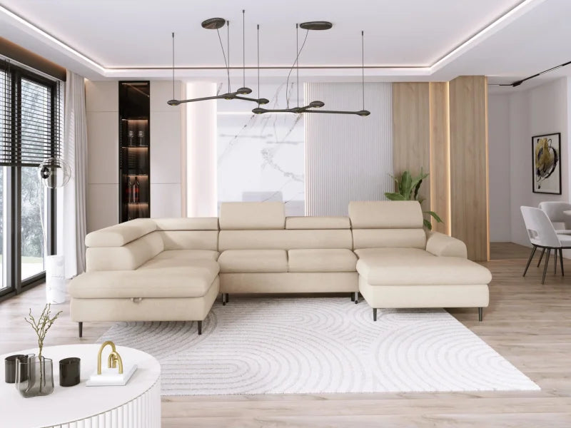 RAYO XL – funktionales Ecksofa mit Delfin-Schlaffunktion, geräumigem Bettkasten und verstellbaren Kopfstützen