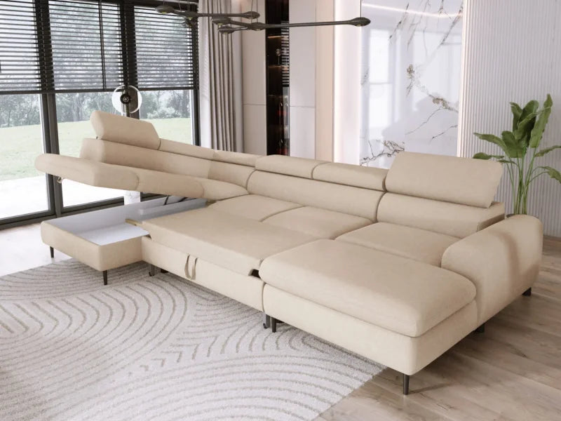 RAYO XL – funktionales Ecksofa mit Delfin-Schlaffunktion, geräumigem Bettkasten und verstellbaren Kopfstützen