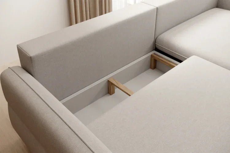 SALLY Ecksofa mit Schlaffunktion DL & Bettkasten – Komfortables Schlafsofa 269 cm – Stoff Sorella 03, Ecru / Hellbeige