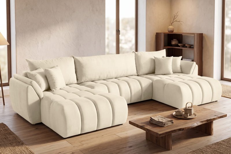 Ecksofa OTI U mit Schlaffunktion und Bettkasten - Monolith 02, Creme Beige