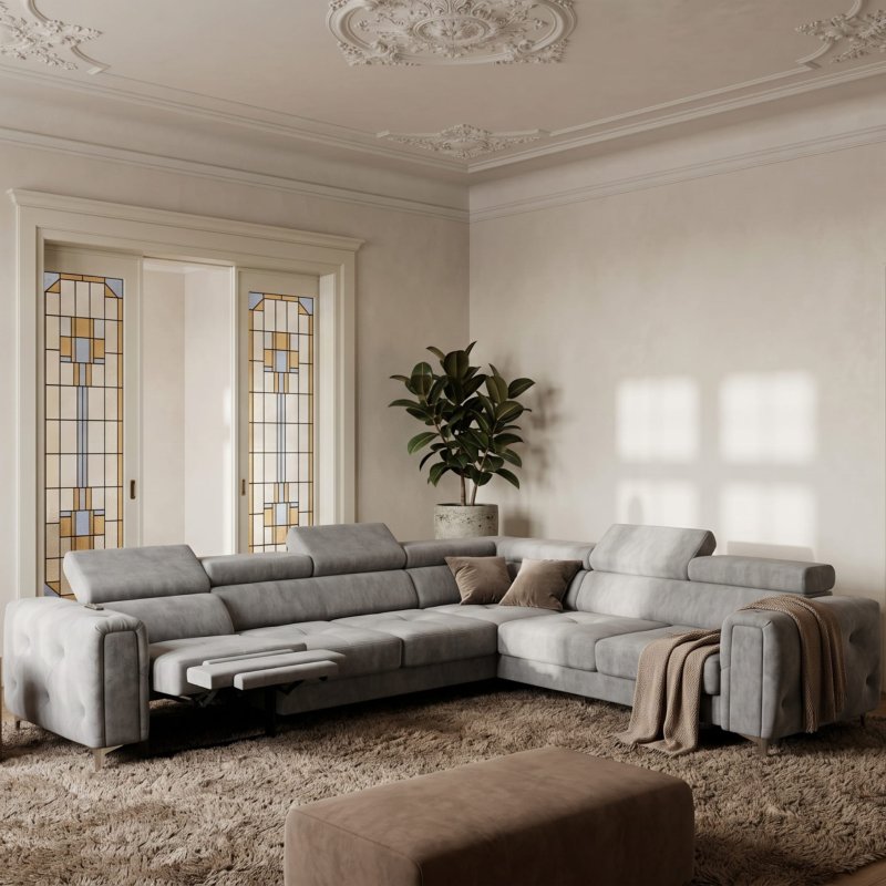 Ecksofa Orion I Relax mit Schlaffunktion und verstellbaren Kopfstützen im Glamour-Stil - Stoff Terra 88, Grau