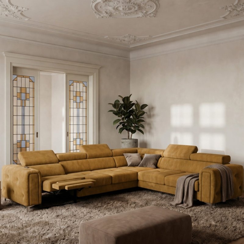 Ecksofa Orion I Relax mit Schlaffunktion und verstellbaren Kopfstützen im Glamour-Stil - Stoff Terra 48, Senf