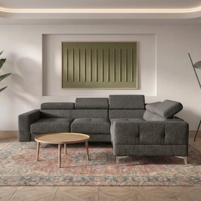 Ecksofa Toscania 250x180 cm mit Schlaffunktion und verstellbaren Kopfstützen auf hohen Beinen, Stoff Aragon 96 - Dunkelgrau