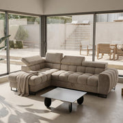 Ecksofa Aspen Mini mit Schlaffunktion– 260x170 cm - Terra Stoff - verstellbare Kopfstützen - Bettkasten - Liegefläche 117x190 cm, Beige (Terra 13)