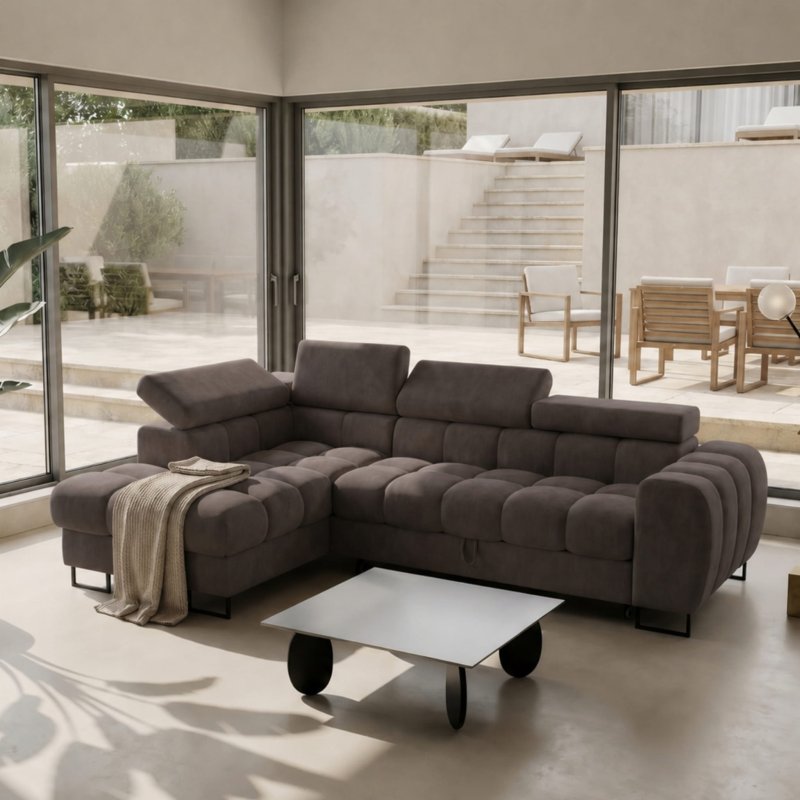 Ecksofa 260x170 cm Aspen Mini mit Schlaffunktion, verstellbare Kopfstützen und Bettkasten - Liegefläche 117x190 cm, Braun (Terra 26) .jpg