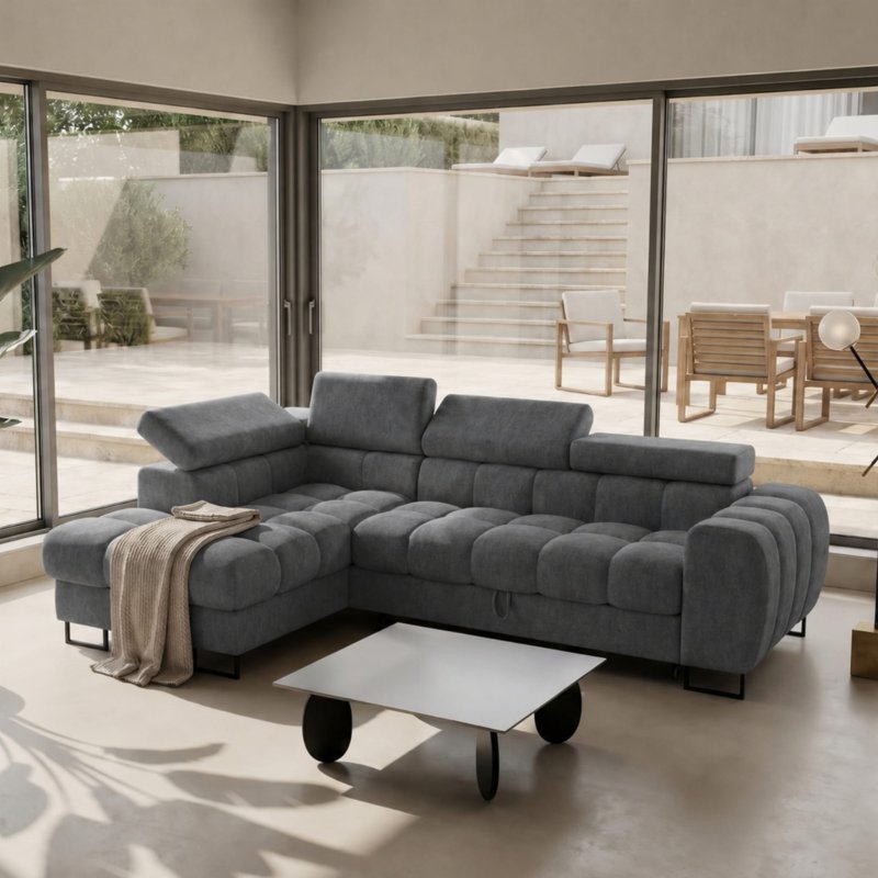 Ecksofa 260x170 cm Aspen Mini mit Schlaffunktion, verstellbare Kopfstützen und Bettkasten - Liegefläche 117x190 cm, Grau (Terra 92).jpg