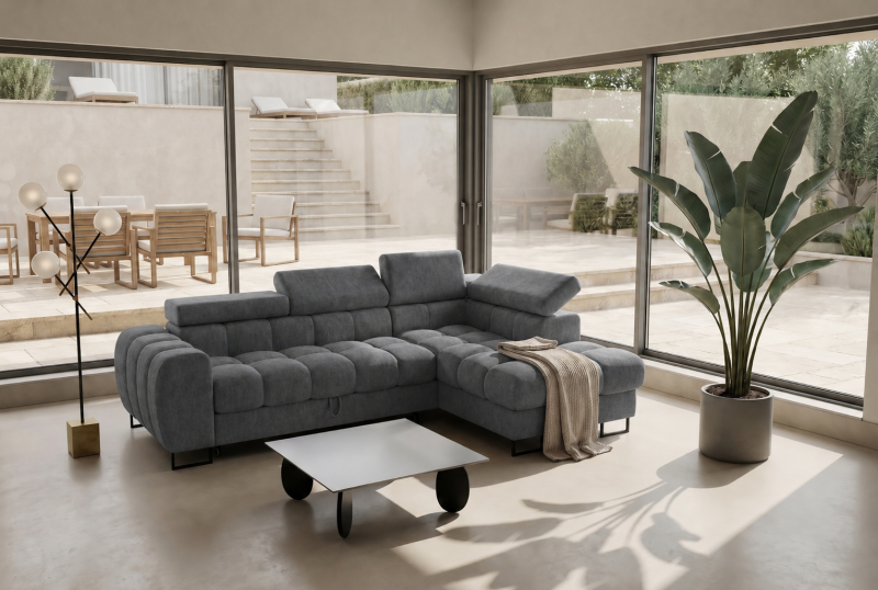 Ecksofa 260x170 cm Aspen Mini mit Schlaffunktion, verstellbare Kopfstützen und Bettkasten - Rechts