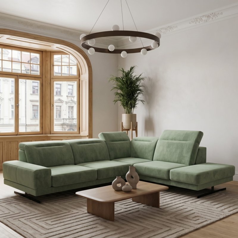 Ecksofa Fiore 265 × 220 cm mit verstellbaren Kopfstützen und T35-Schaum – Stoff Terra 33, Grün