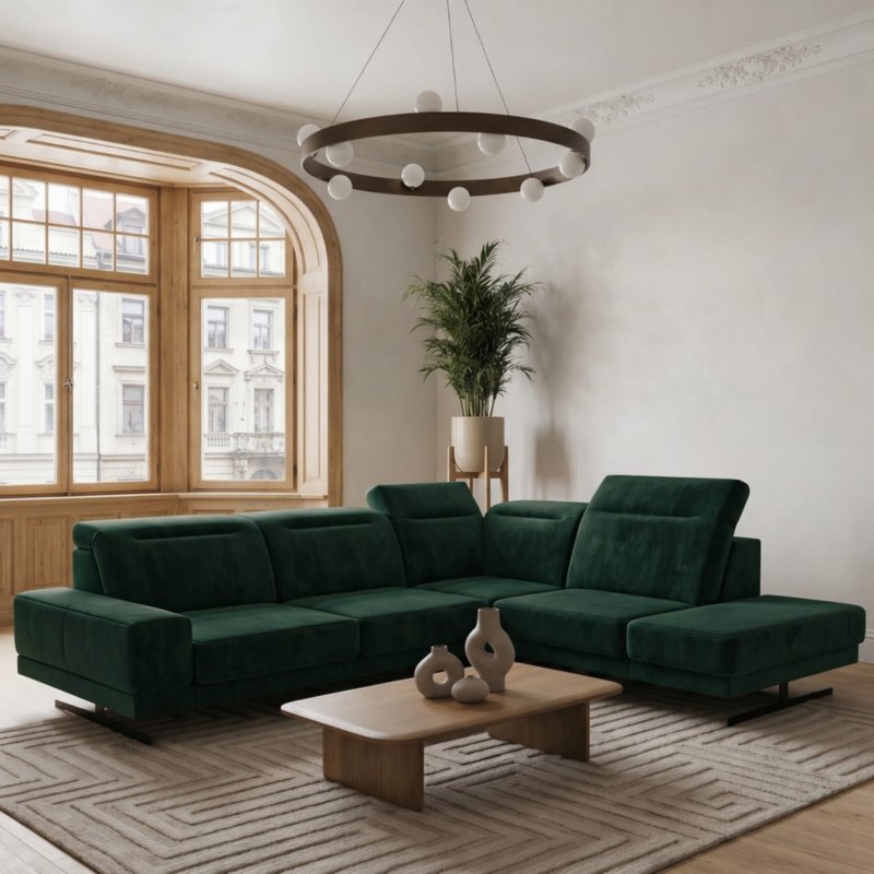 Ecksofa Fiore 265 × 220 cm mEcksofa Fiore 265 × 220 cm mit verstellbaren Kopfstützen und T35-Schaum – Stoff Terra 39, Dunkelgrün