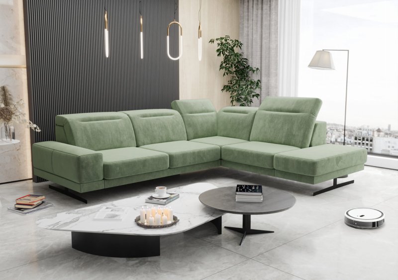 Ecksofa Fiore 265 × 220 cm mit verstellbaren Kopfstützen und T35-Schaum – Stoff Terra 33