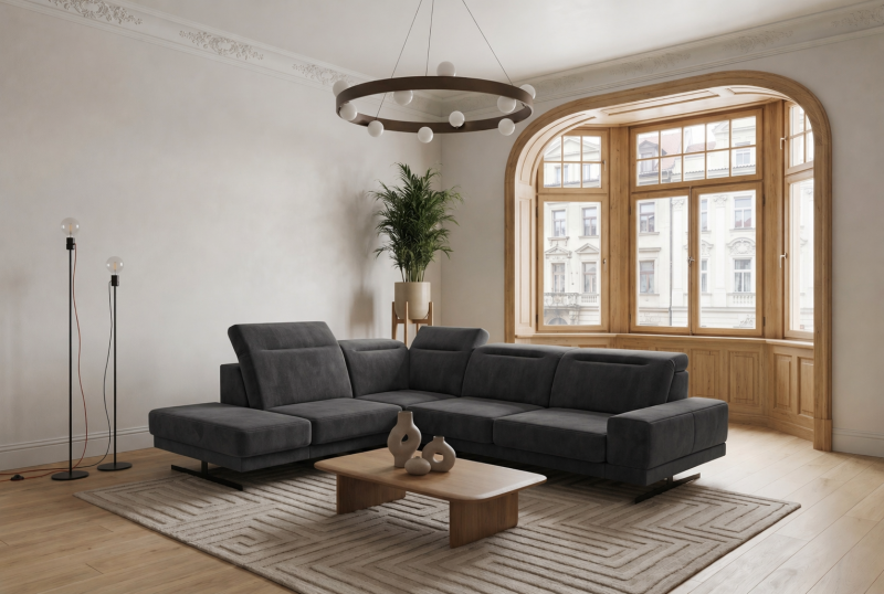 Ecksofa Fiore 265 × 220 cm mit verstellbaren Kopfstützen und T35-Schaum – Links