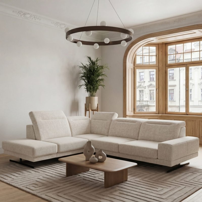 Ecksofa Fiore 265 × 220 cm mit verstellbaren Kopfstützen und T35-Schaum – Stoff Aragon 03, Creme - Links