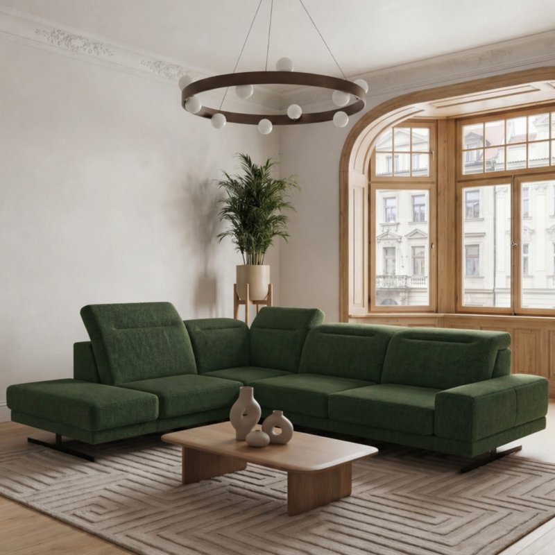 Ecksofa Fiore 265 × 220 cm mit verstellbaren Kopfstützen und T35-Schaum – Stoff Aragon 39, Dunkelgrün - Links