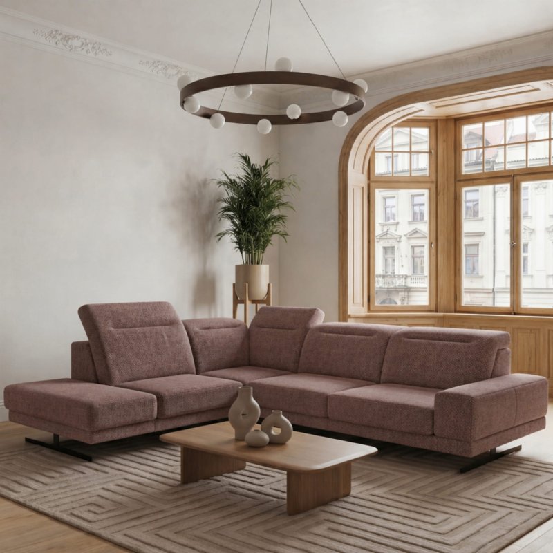 Ecksofa Fiore 265 × 220 cm mit verstellbaren Kopfstützen und T35-Schaum – Stoff Aragon 69, Altrosa - Links