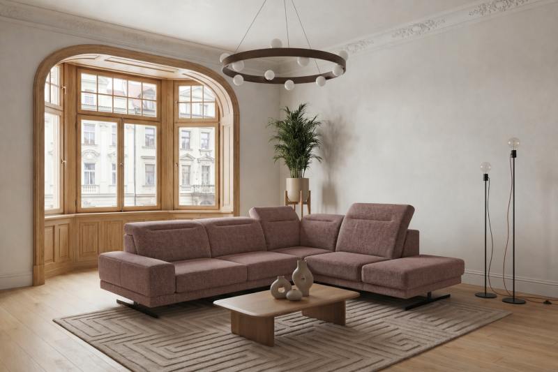 Ecksofa Fiore 265 × 220 cm mit verstellbaren Kopfstützen und T35-Schaum – Stoff Aragon 69, Altrosa - Rechts