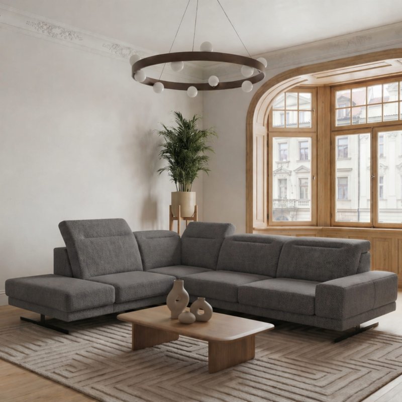 Ecksofa Fiore 265 × 220 cm mit verstellbaren Kopfstützen und T35-Schaum – Stoff Aragon 97, Dunkelgrau - Links
