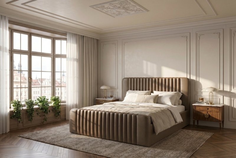 Polsterbett Modena mit Bettkasten und Kopfteil in Echtleder - F3 Grau Beige