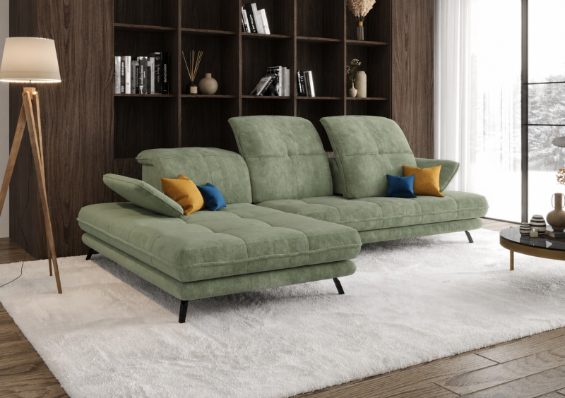 Ecksofa Verde mit verstellbarer Sitztiefe und Kopfteilen im Stoff Terra 33 - Grün - LINKS