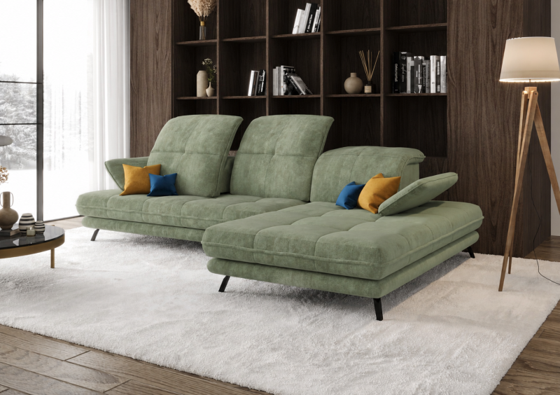 Ecksofa Verde mit verstellbarer Sitztiefe und Kopfteilen im Stoff Terra 33 - Grün  - RECHTS