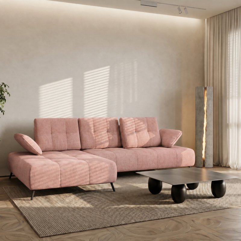 Ecksofa Dante 280x180 cm mit verstellbarer Sitztiefe, moderne Metallbeine – haustierfreundlicher Terra 61, Altrosa - LINKS