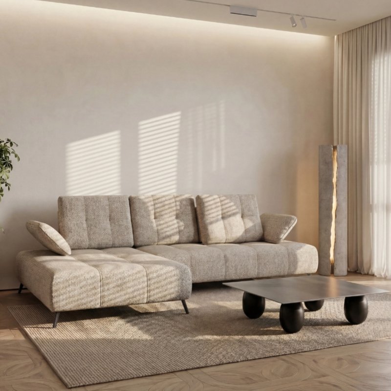 Ecksofa 280x180 cm mit verstellbarer Sitztiefe, moderne Metallbeine - hydrophober Aragon 03, Creme Beige - Links