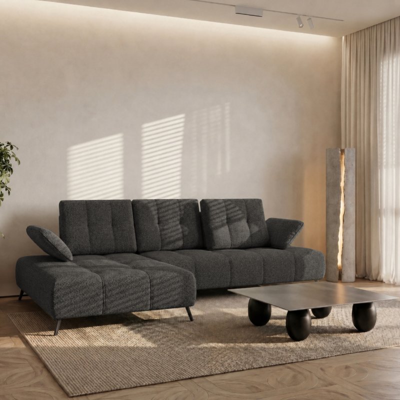 Ecksofa Dante 280x180 cm mit verstellbarer Sitztiefe, moderne Metallbeine - hydrophober Aragon 97, Dunkelgrau - Links