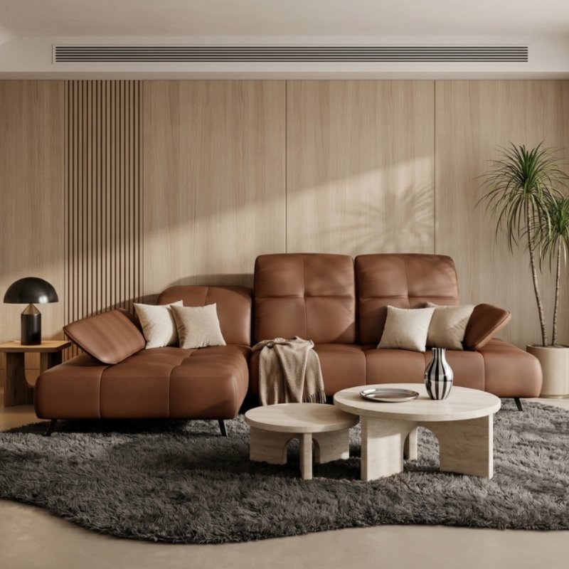 Ecksofa Bergamo Echtleder 280x180 cm mit verstellbarer Sitztiefe, verstellbare Kopfstützen moderne Metallbeine - luxuriöses Madras - K31 Warmes Braun  Cognac - Links.jpg