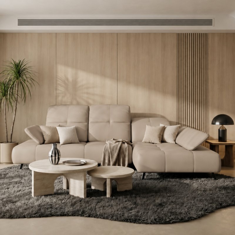 Ecksofa Bergamo Echtleder 280x180 cm mit verstellbarer Sitztiefe, verstellbare Kopfstützen moderne Metallbeine - luxuriöses Madras - K11 Beige - Rechts