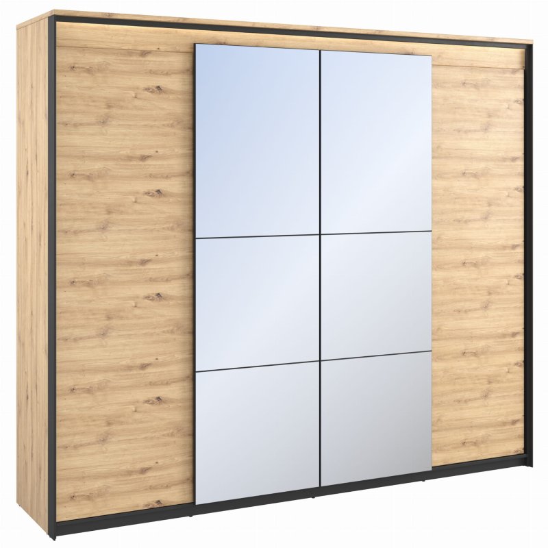 Kleiderschrank QUANT 5 Kleiderstange 3 Türen Regale Spiegel LED-Beleuchtung