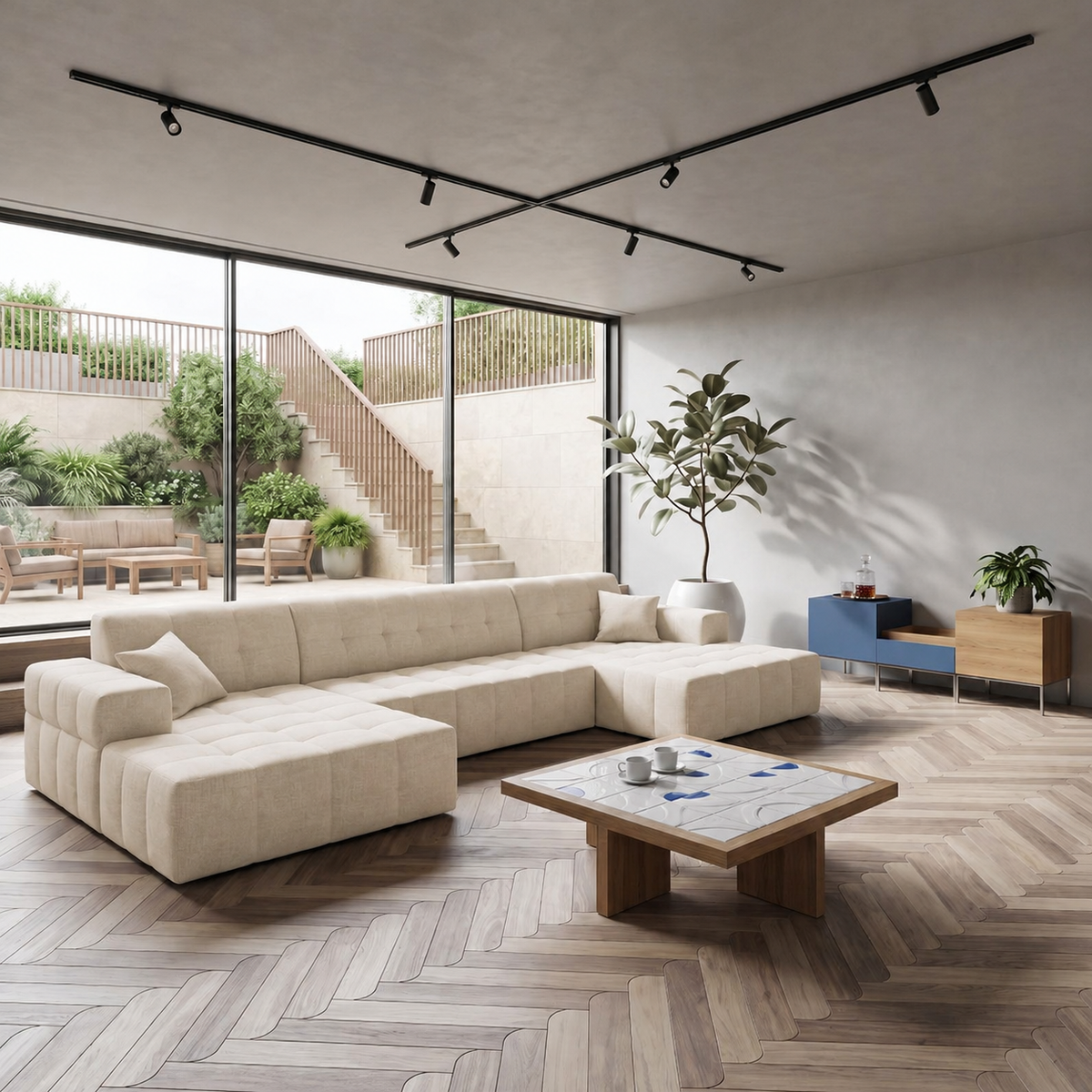 Ecksofa BALIA U 350 cm Creme Chenille Stoff (Perfect Harmony 01)
