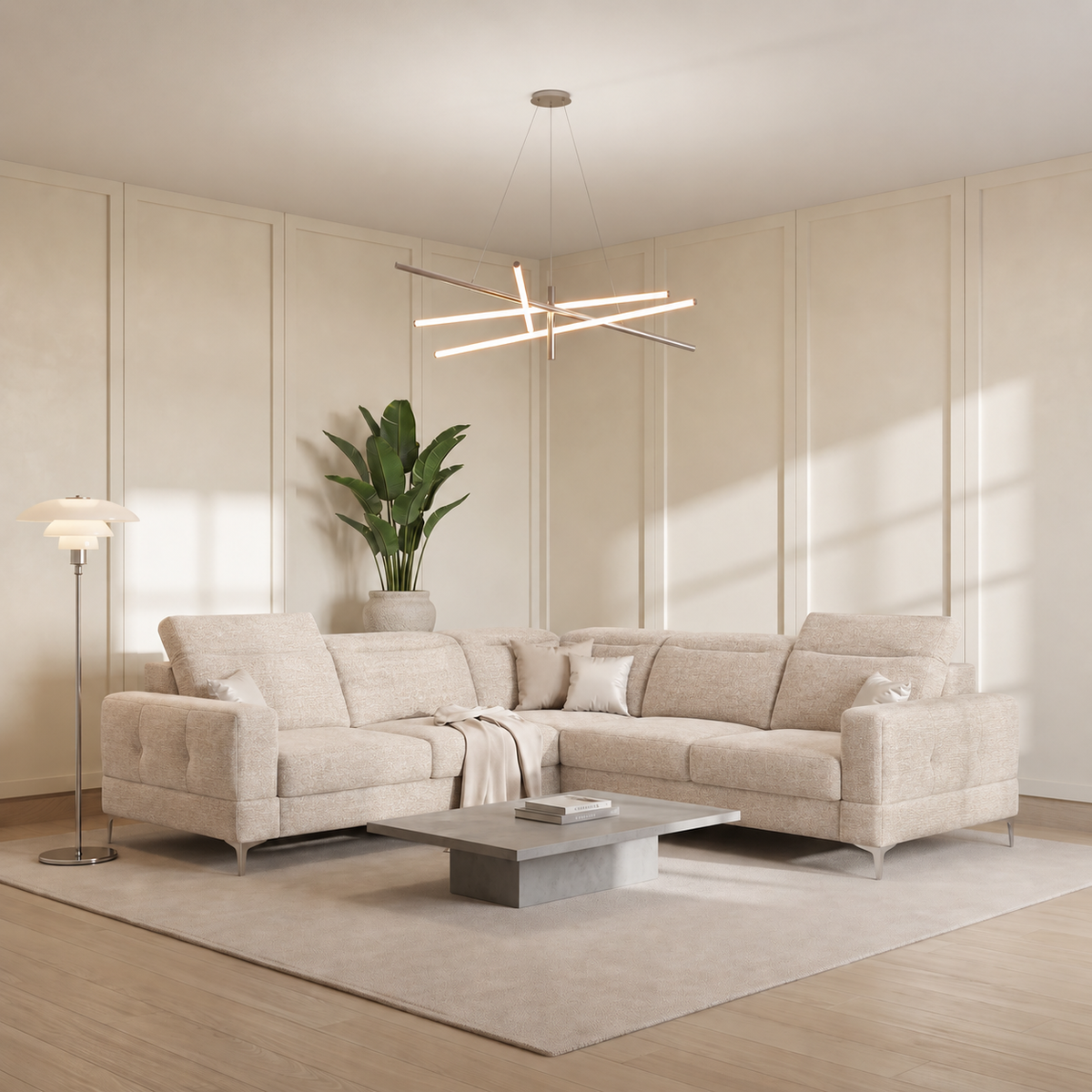 Ecksofa Malibu Max 250x250 cm mit Schlaffunktion, Stoff Gemma, Verstellbare Kopfstützen & Armlehne, Creme (Gemma 04)