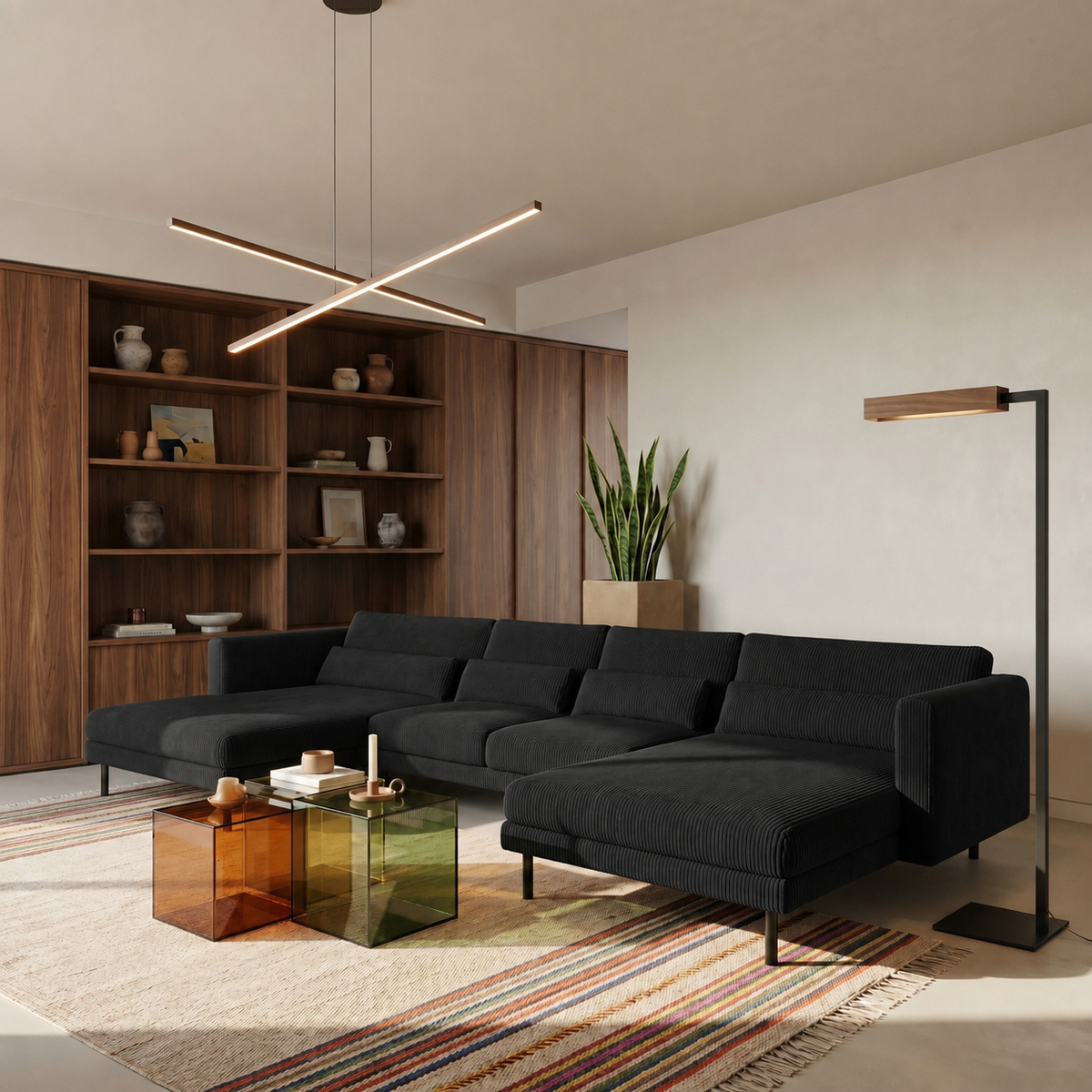 Ecksofa DANI U – Großes Familiensofa in U-Form, bequeme Couch für Wohnzimmer mit Cordstoff POSO, Schwarz Poso 135