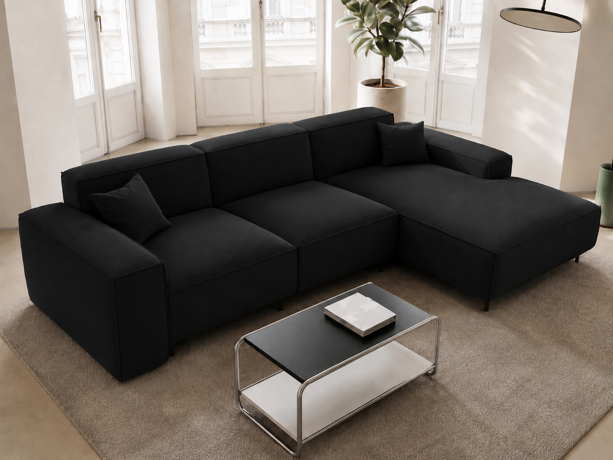 Ecksofa LUGA L HILLS – elegantes Designer-Ecksofa in L-Form mit Veloursbezug TIFFANY für modernes Wohnen, Stoff Tiffany 20 - Schwarz