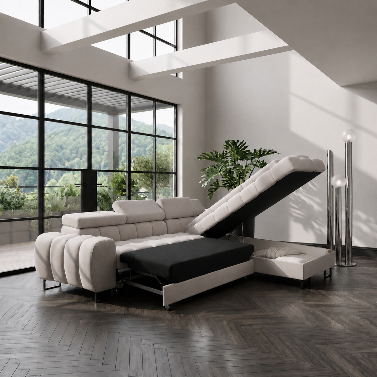 ASPEN Ecksofa 260×225 cm mit Schlaffunktion, Bettkasten & verstellbaren Kopfstützen, Dunkelgrau (Terra 92)