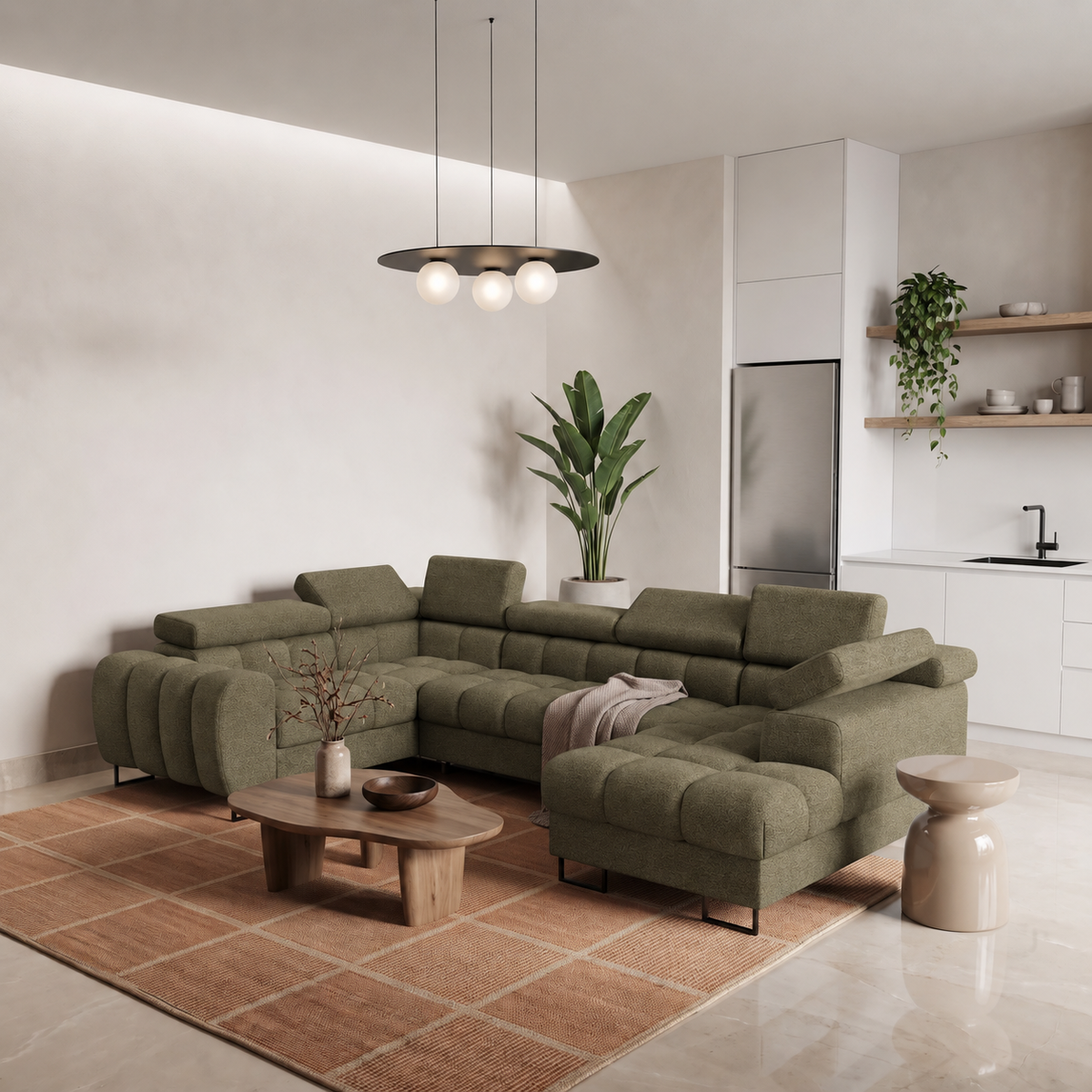 ASPEN MAX II Ecksofa U-Form mit Schlaffunktion & Bettkasten, 195x350x170 cm, Olivgrün (Moly 38)