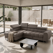 ASPEN MINI Ecksofa Leder mit Schlaffunktion, Bettkasten & verstellbaren Kopfstützen 260×170 cm – Grau (U-24)