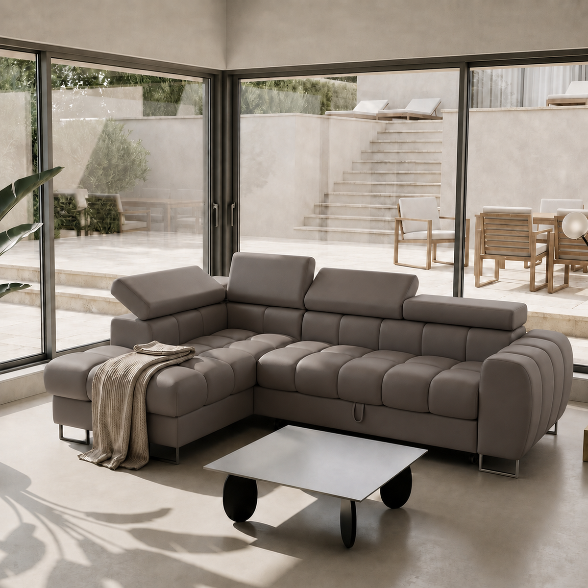 ASPEN MINI Ecksofa Leder mit Schlaffunktion, Bettkasten & verstellbaren Kopfstützen 260×170 cm – Grau (U-24)